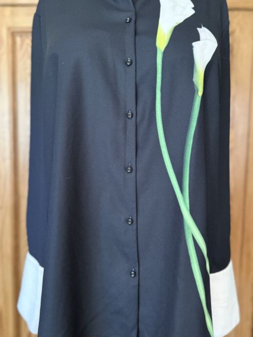 Navy Calla Lily Print Shirt Dress with White Cuffs Size XL